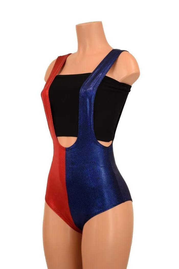 Ready to Ship Split Red & Blue Suspender Romper Large