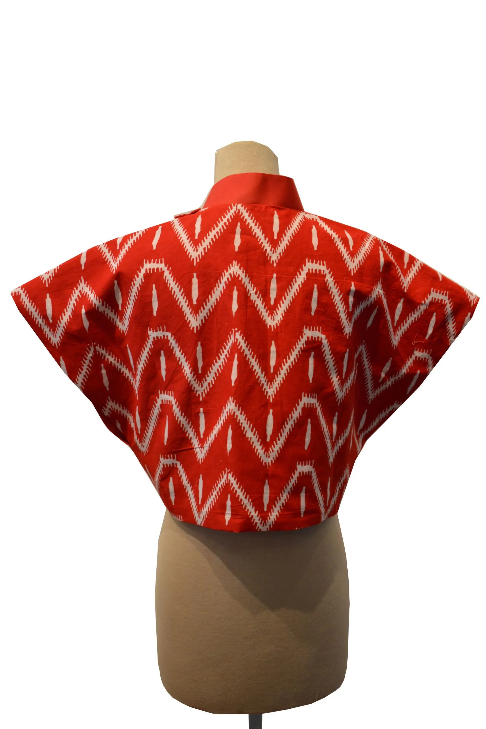 RED SWIRL MOTIVE AND RED DIAMOND BATIK WITH REVERSIBLE RED COTTON - REVERSIBLE BOLERO JACKET - MULTI