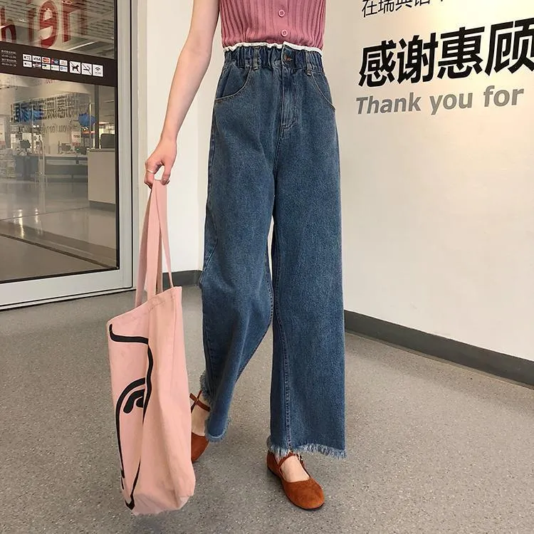 Retro Blue Fringe Elastic Waist Loose Denim Pants