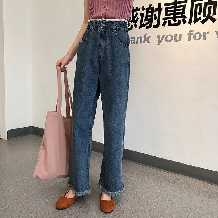 Retro Blue Fringe Elastic Waist Loose Denim Pants