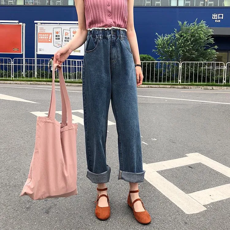 Retro Blue Fringe Elastic Waist Loose Denim Pants