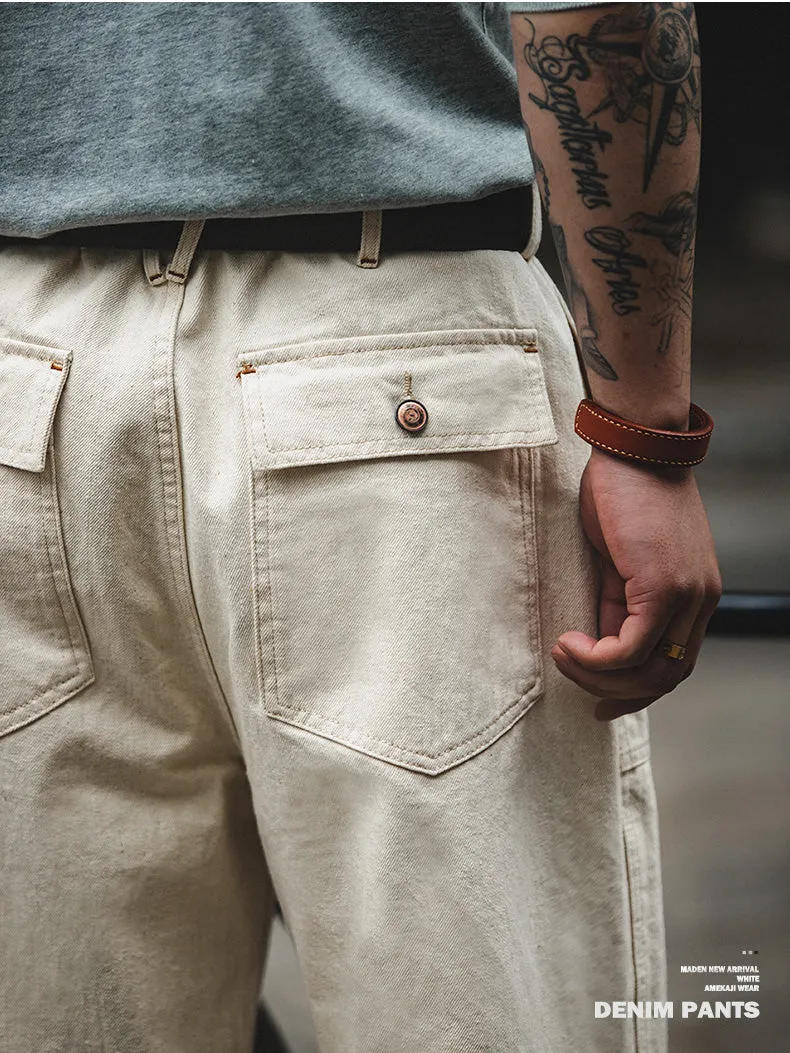 Retro Cotton Casual Denim Pants in Beige