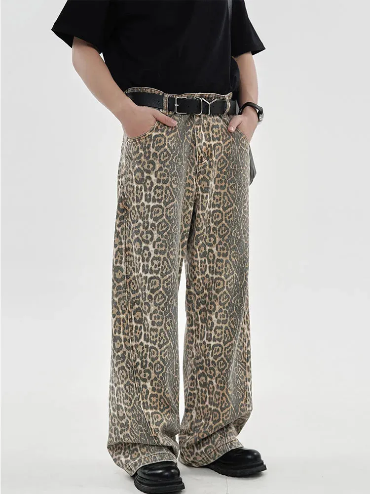 Retro Leopard Print High-Waist Loose Jeans