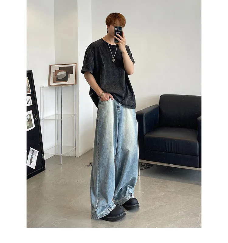 Retro Reverse Pocket Flip-down Jeans Men's Washed Wide-leg Pants