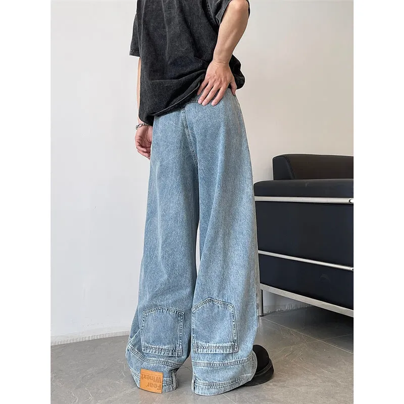 Retro Reverse Pocket Flip-down Jeans Men's Washed Wide-leg Pants