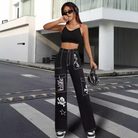 Retro Sexy Fried Street Overalls Loose Straight Leg Denim Printed Mopping High Waist Women Pants Fashionable