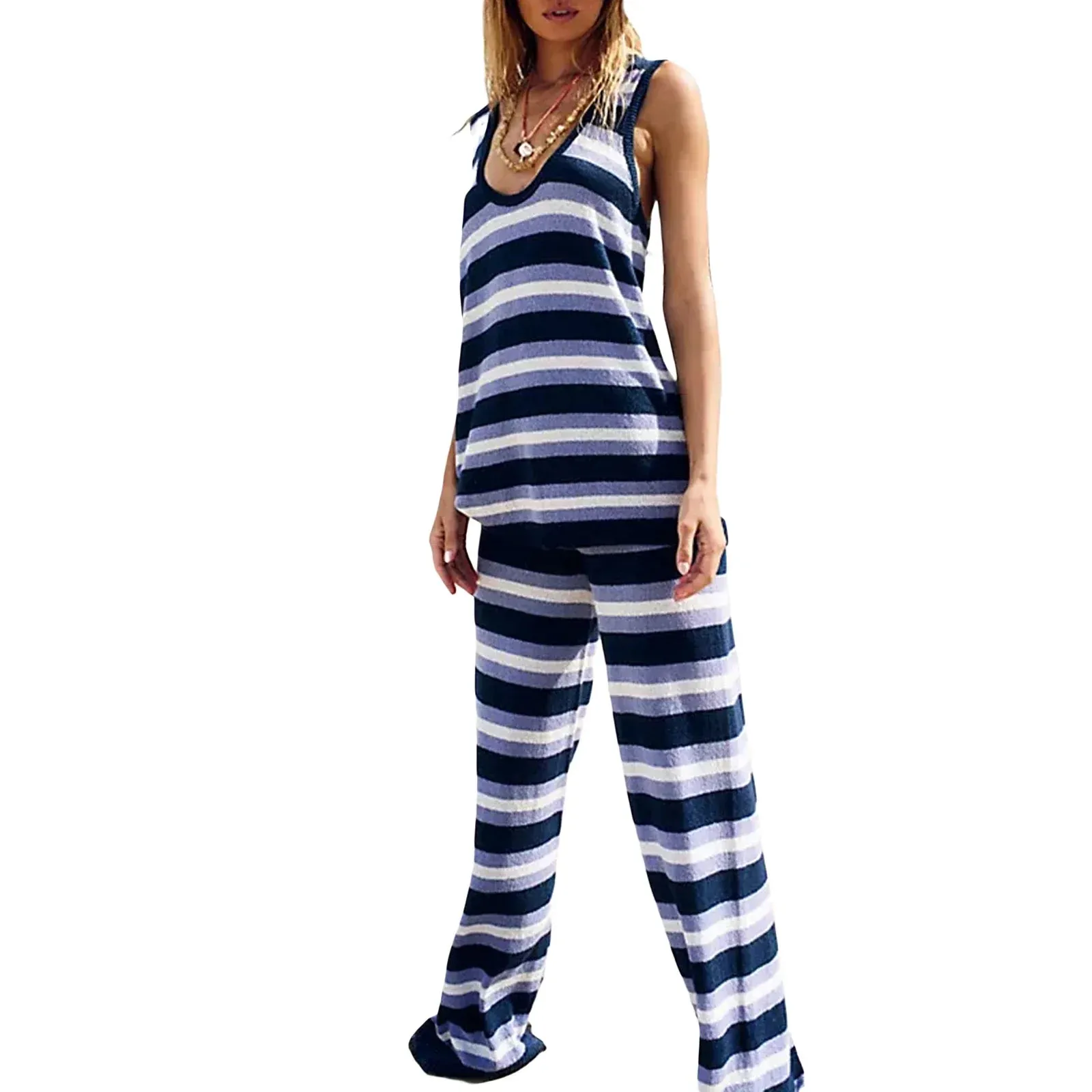 Round Neck Knit Tank Tops Elastic Waist Pants Casual Retro Stripe Pajamas