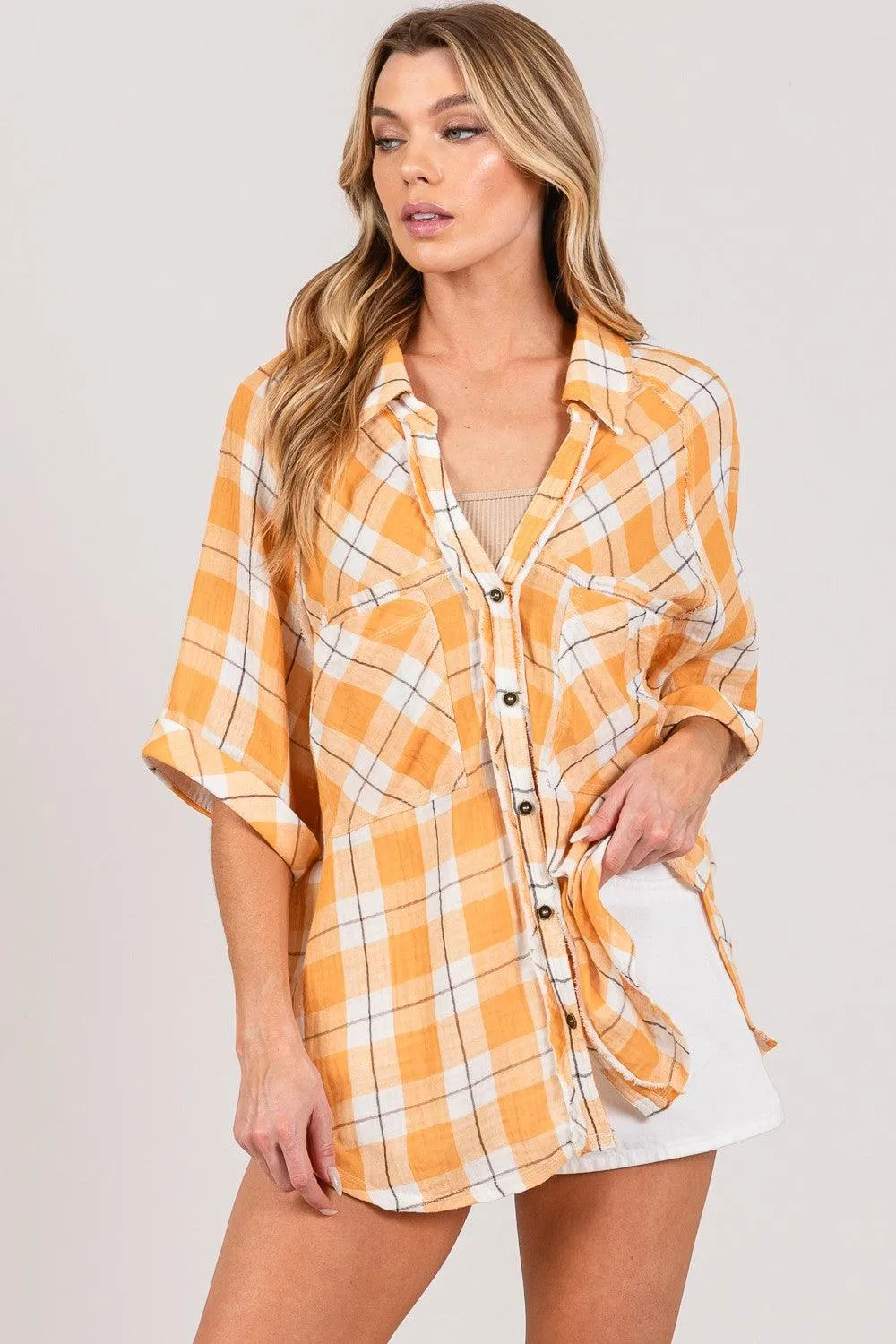 SAGE   FIG Plaid Button Up Side Slit Shirt