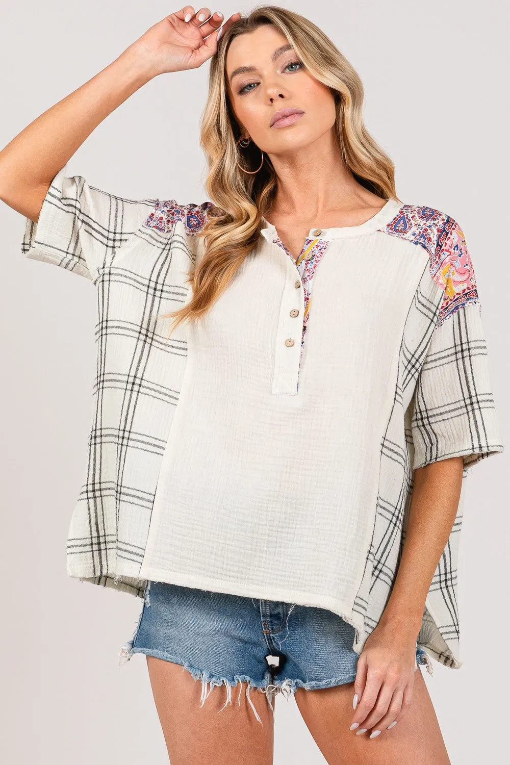 SAGE   FIG Plaid Half Button Gauze Top