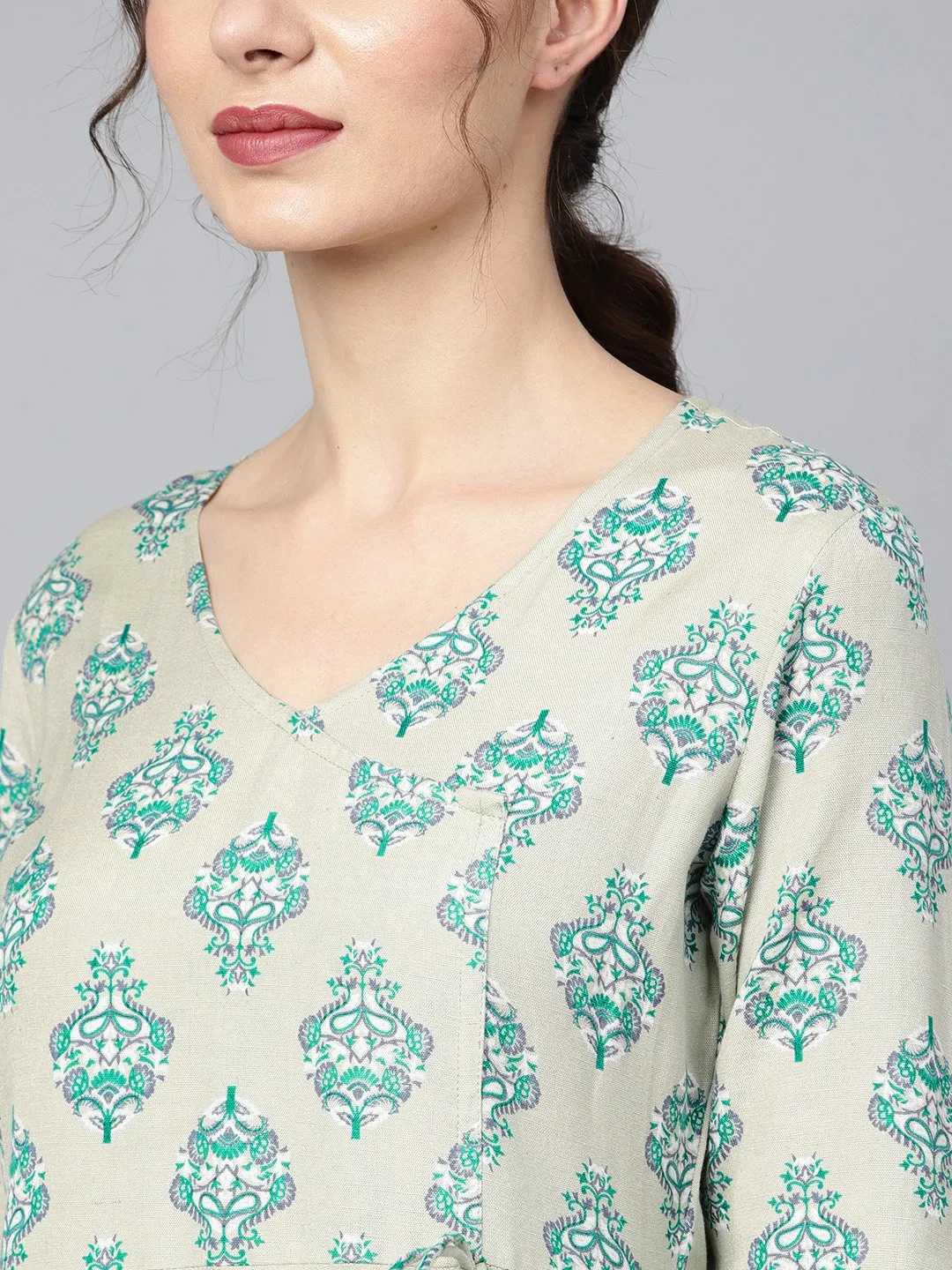 Sage Green Printed V-Neck Angrakha Style 3/4Th Assymetrical Sleeve Falred Kurta With Solid Pants.