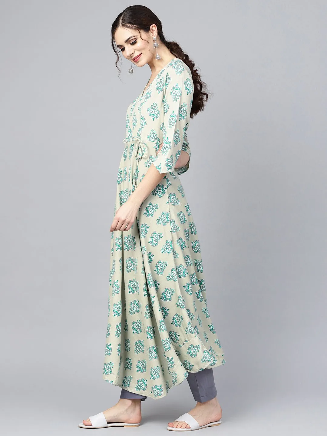 Sage Green Printed V-Neck Angrakha Style 3/4Th Assymetrical Sleeve Falred Kurta With Solid Pants.