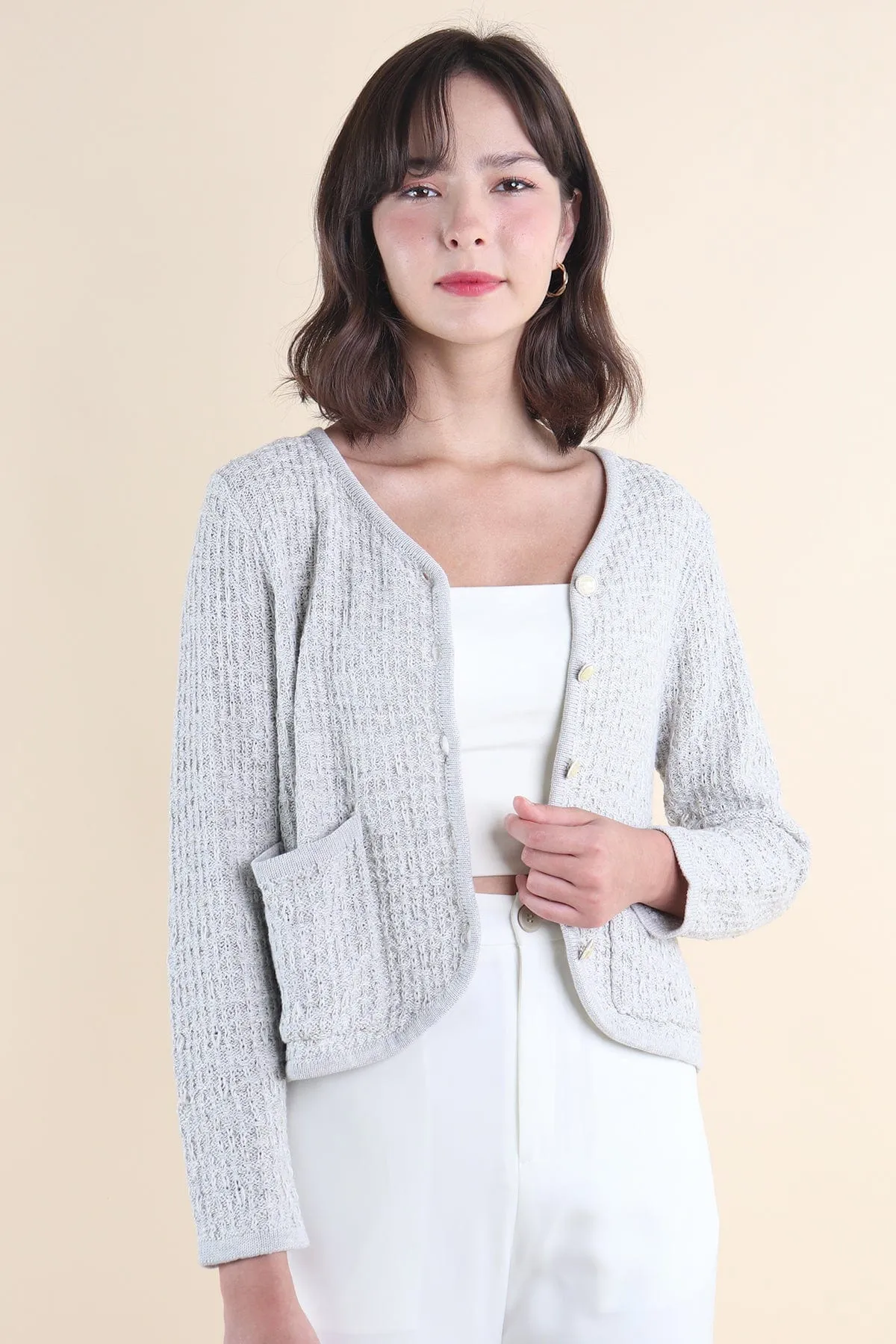 SERA TWEED KNIT CARDIGAN IN GREY