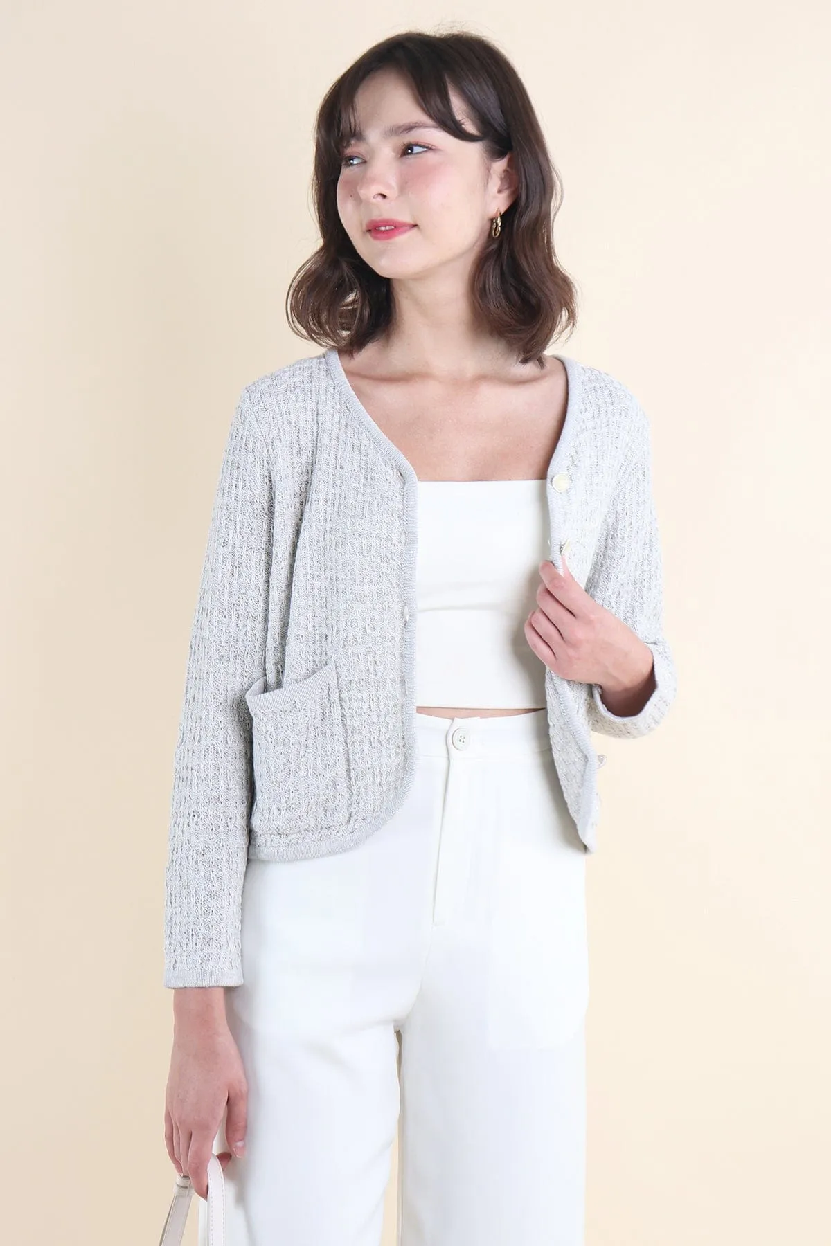 SERA TWEED KNIT CARDIGAN IN GREY