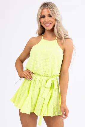 She Sky Neon Kiwi Checkered Halter Neck Romper