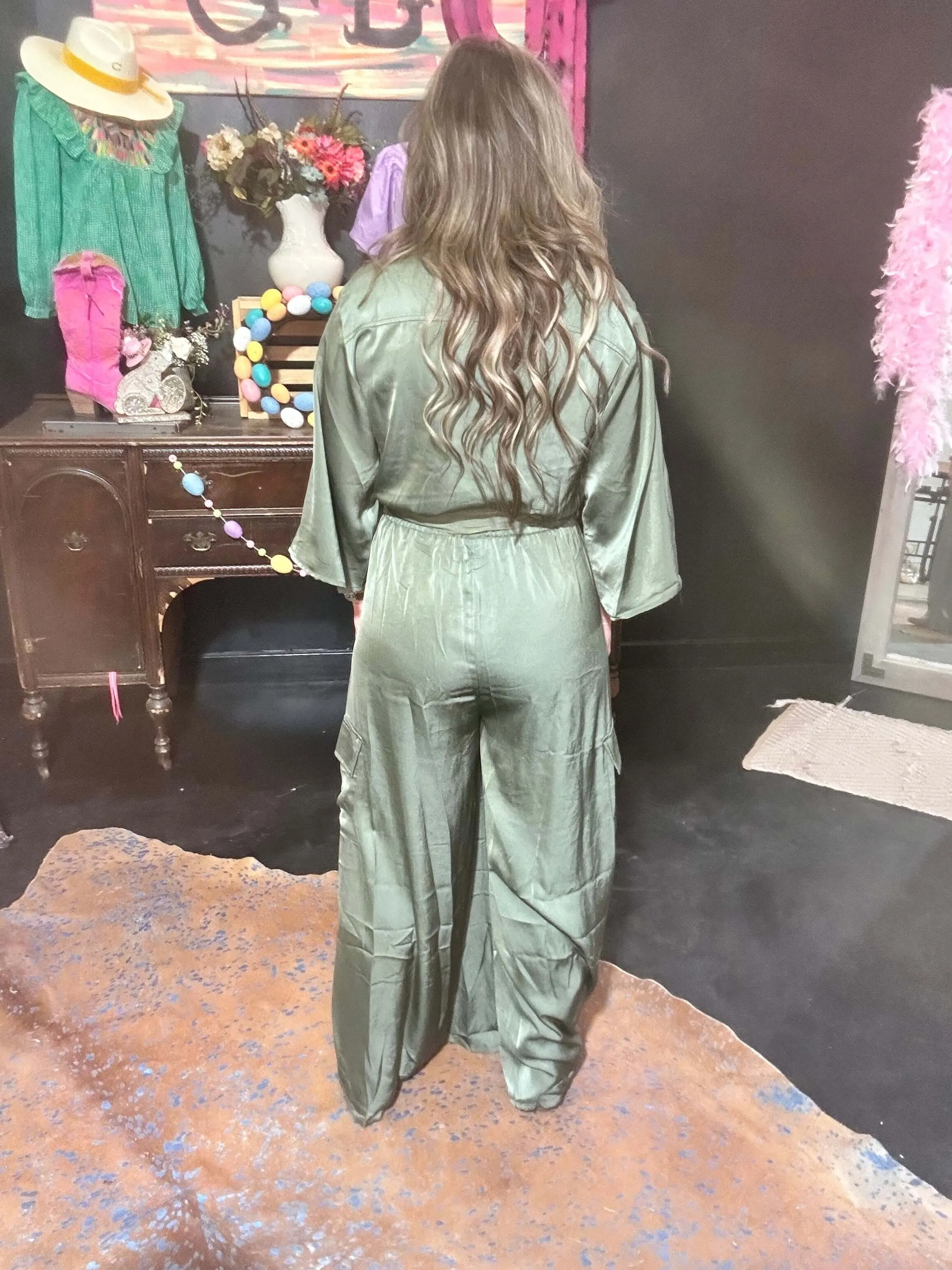 Silky Sage Gree  3/4 length sleeve Romper Jumpsuit