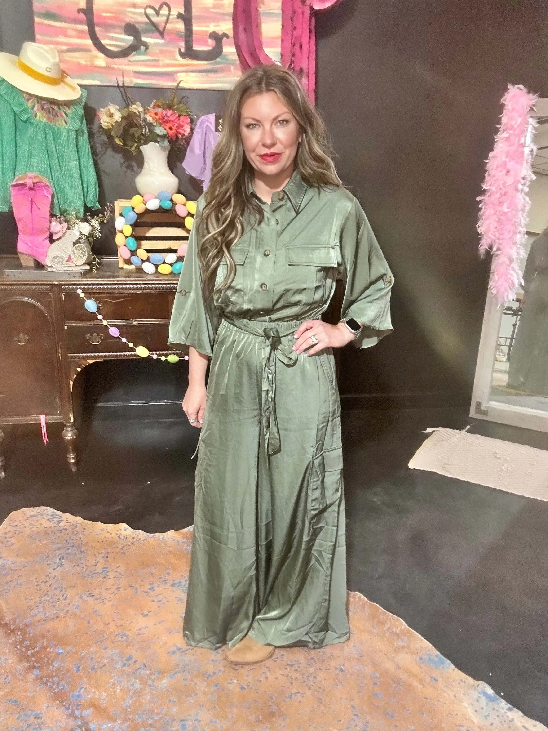 Silky Sage Gree  3/4 length sleeve Romper Jumpsuit