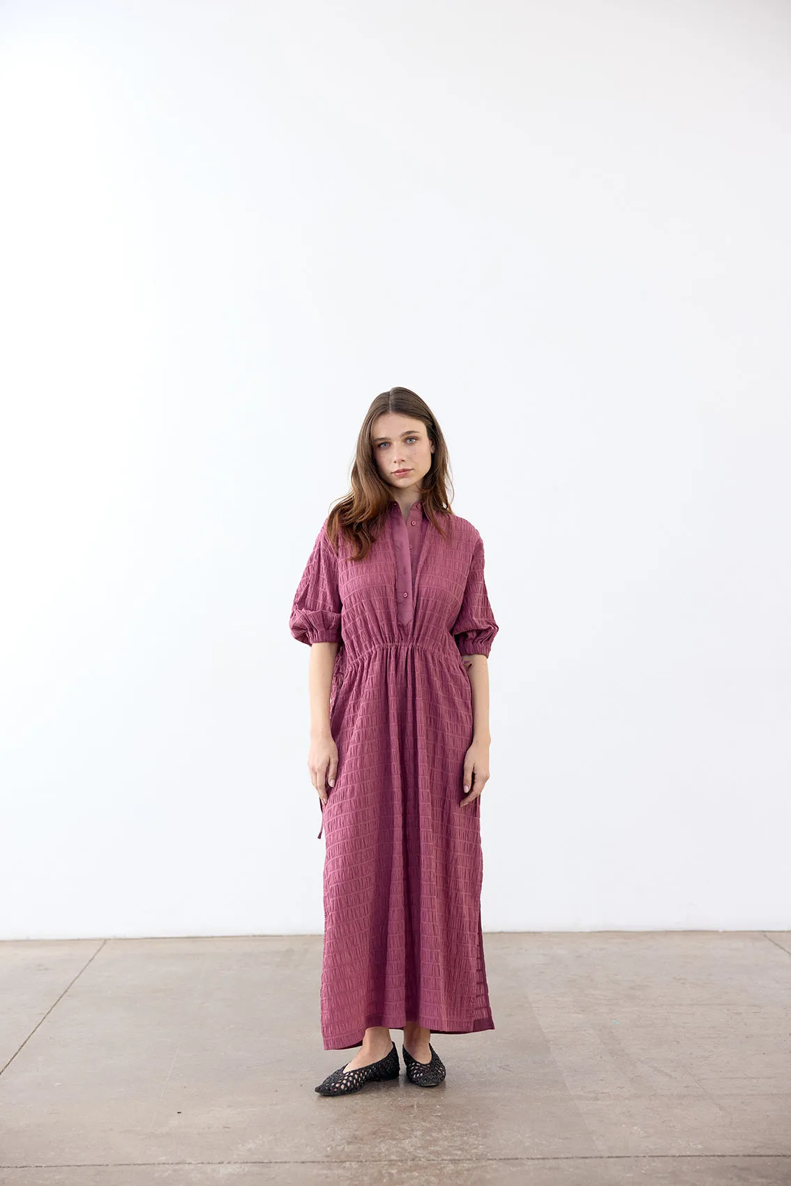 Smocked Cotton Shirt Dress - Ciruela