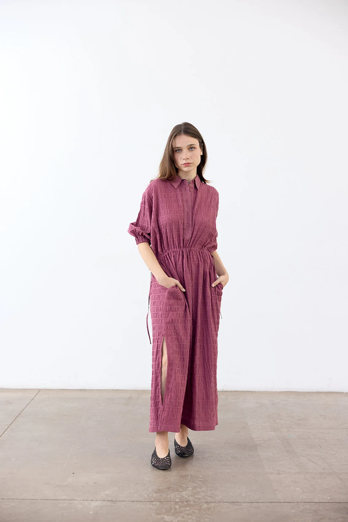 Smocked Cotton Shirt Dress - Ciruela