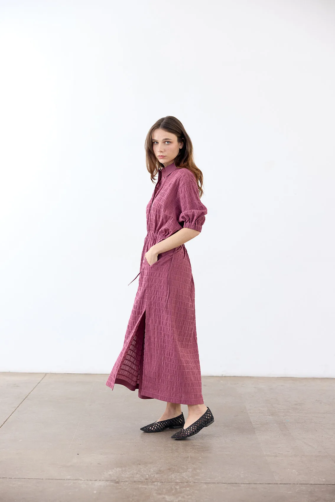 Smocked Cotton Shirt Dress - Ciruela