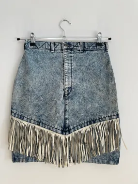 Snow Wash Leather Fringe Denim Skirt