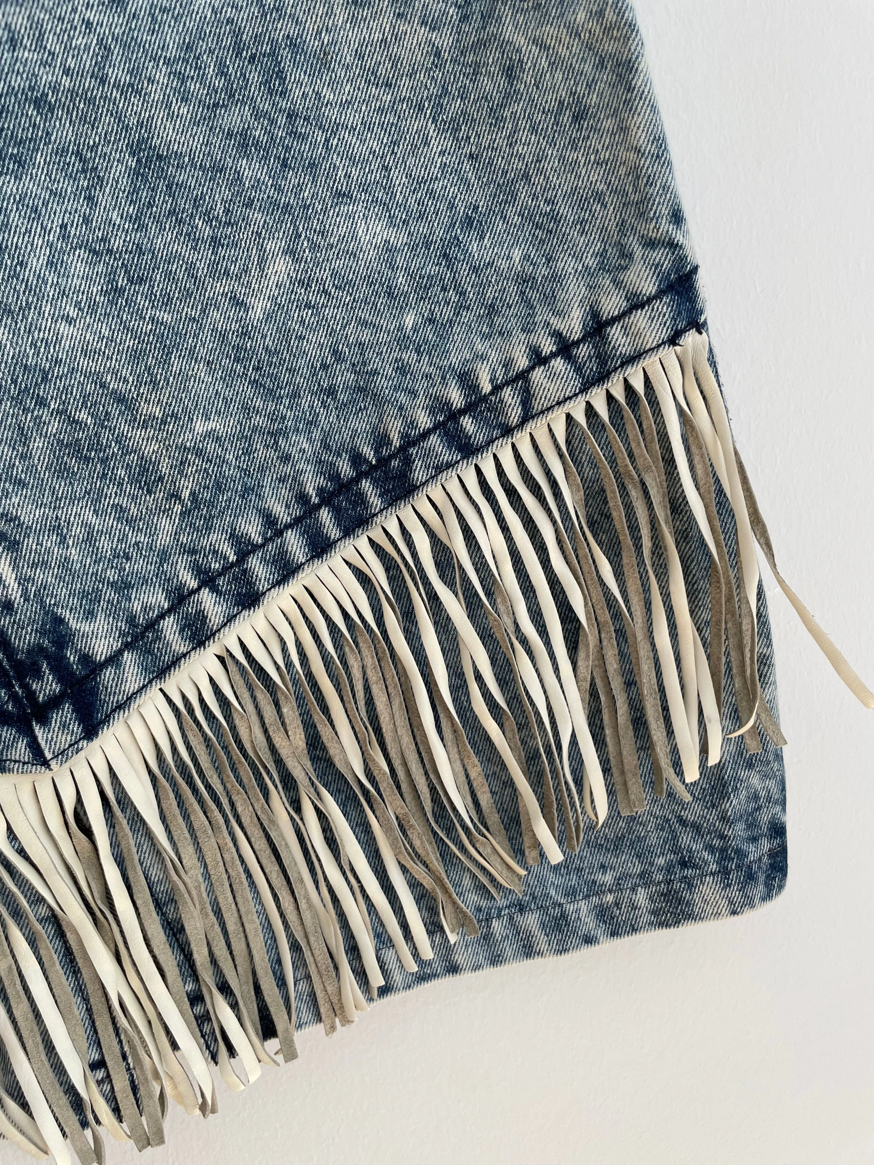 Snow Wash Leather Fringe Denim Skirt