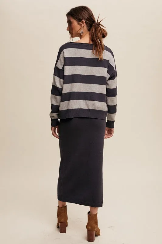 Striped Sweater & Knit Pencil Skirt - Navy