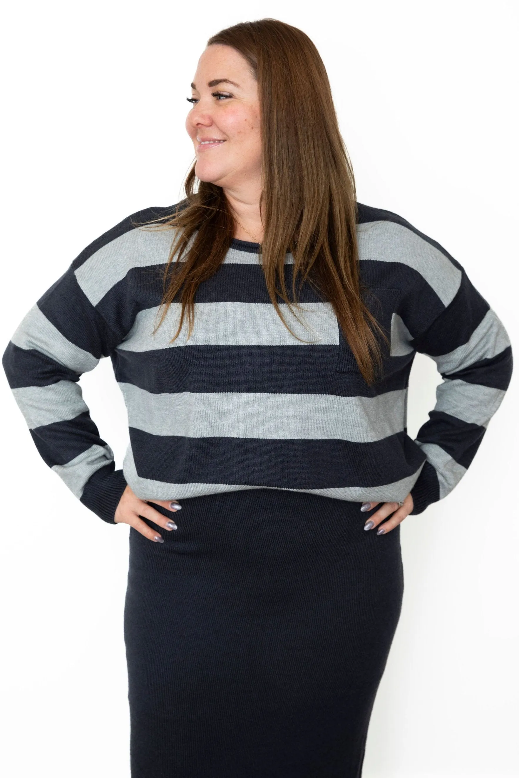 Striped Sweater & Knit Pencil Skirt - Navy