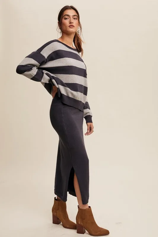 Striped Sweater & Knit Pencil Skirt - Navy