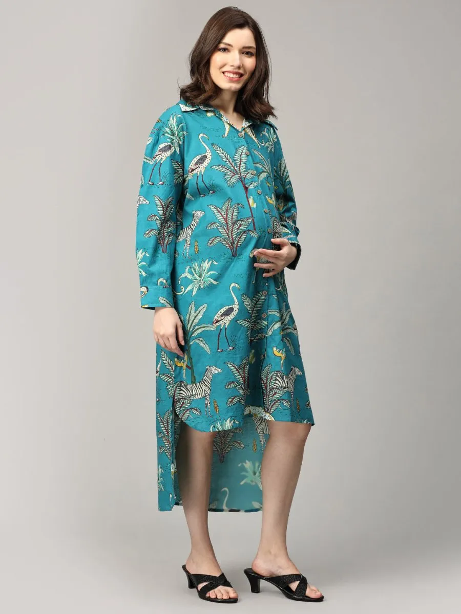 Teal Tropic Safari Maternity and Nursing Oversized Dress