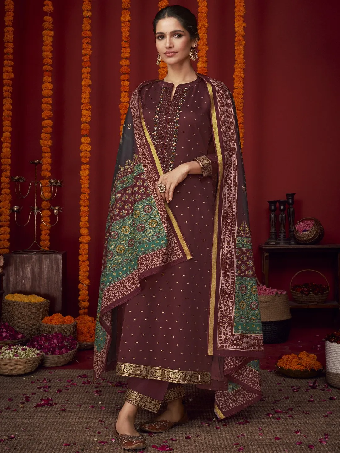 Unstitched Embroidered Cotton Satin Rust Red Suit Material with Dupatta