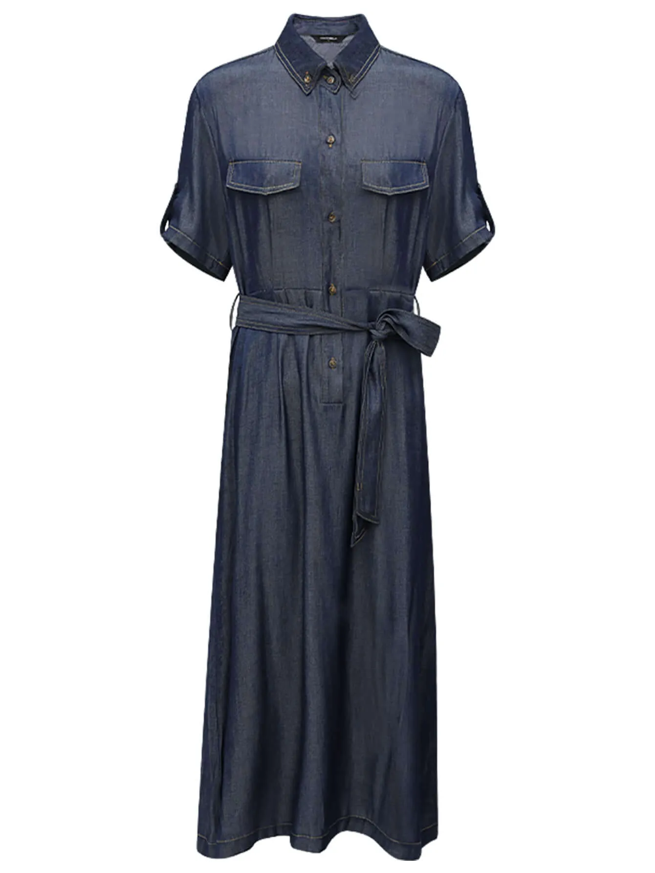 Utilitarian Belted Crêpe Navy Denim Shirt Dress