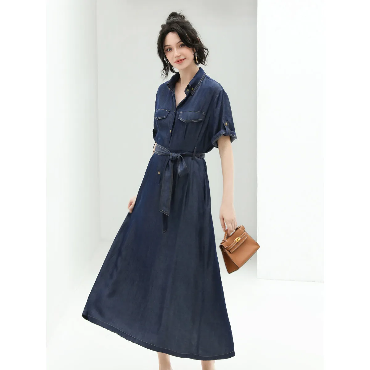 Utilitarian Belted Crêpe Navy Denim Shirt Dress