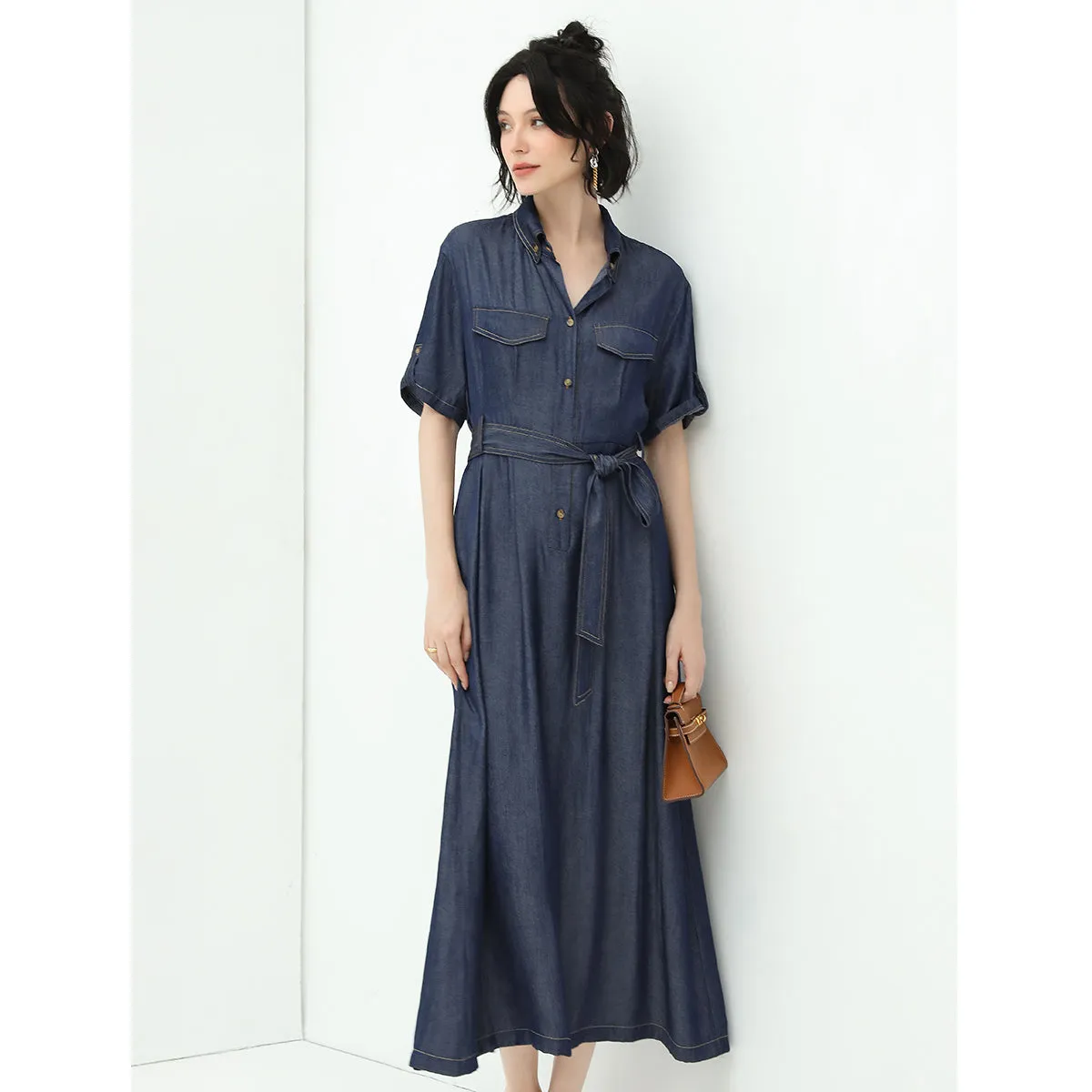 Utilitarian Belted Crêpe Navy Denim Shirt Dress