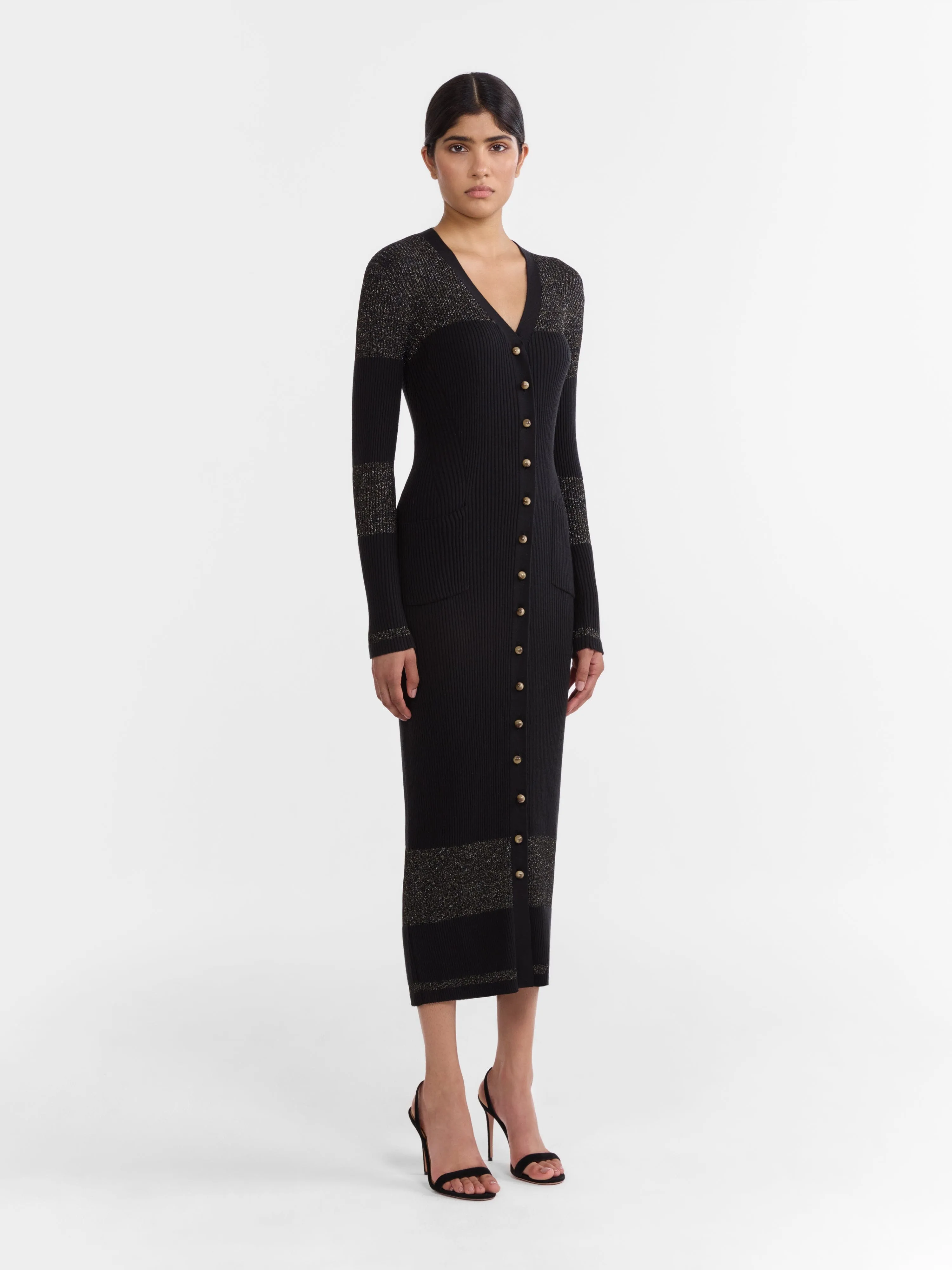 Venyx Long Rib Cardigan Dress in Black Gold