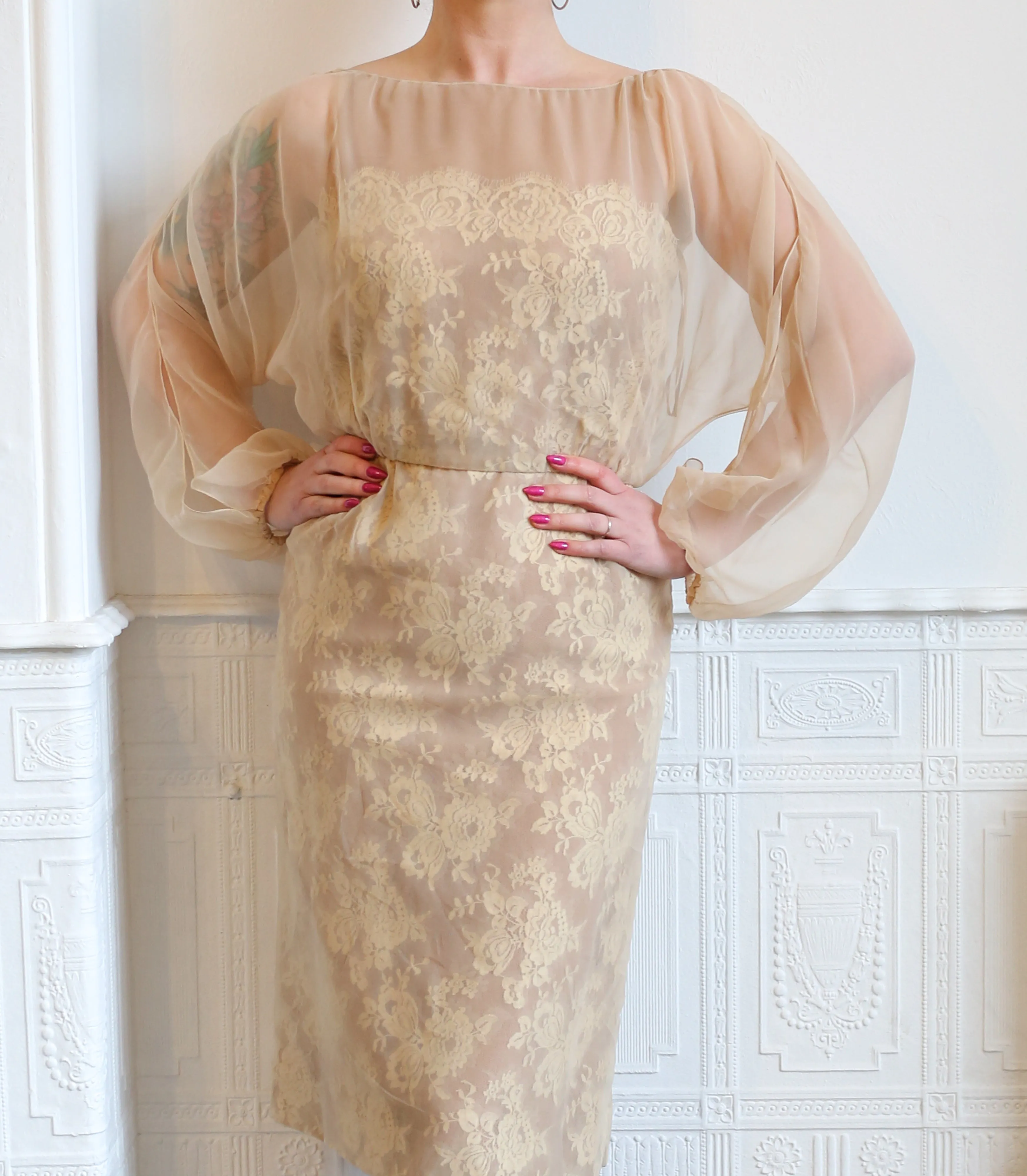 Vintage 1960s Travilla Champagne Lace Wiggle Dress