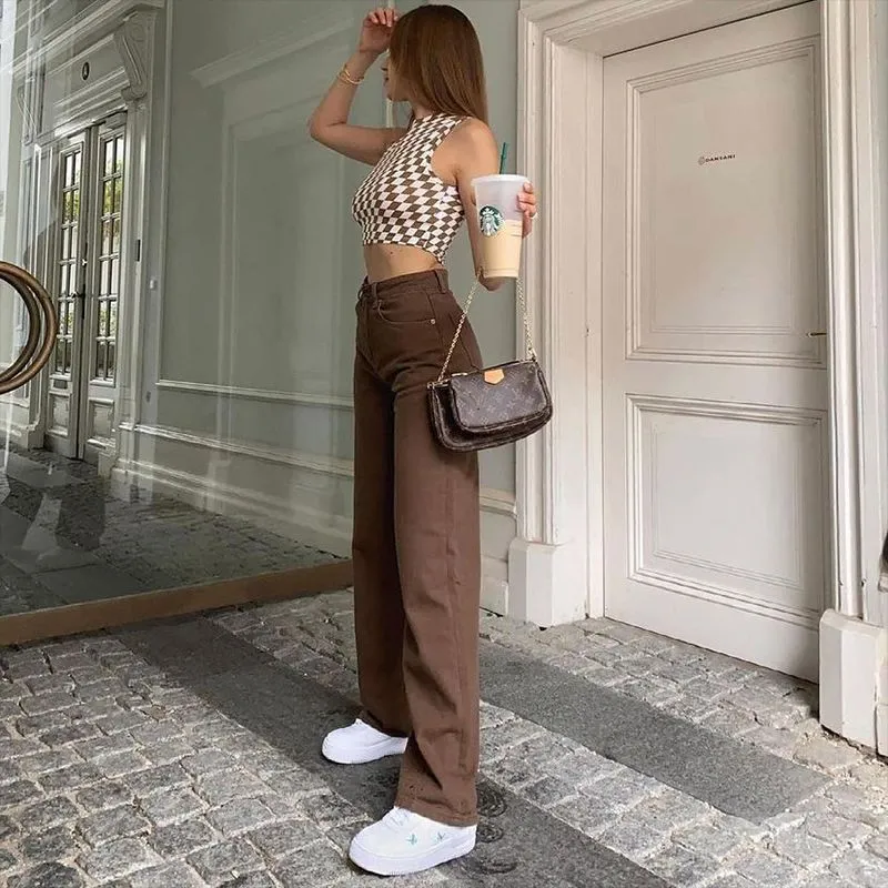 Wenkouban 2024 fall fashion trends Autumn New Brown Jeans Retro American Solid Color Slimming Ins Trendy High Waist Straight Pants for Women