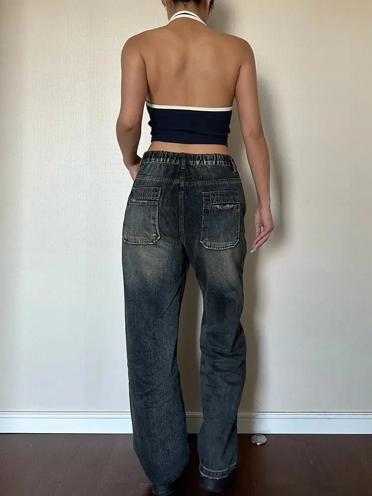 Wenkouban baggy American Retro White Elastic Straight Loose Jeans Women's Slim Fit Loose Slimming High Waist Smoke Tube Trousers