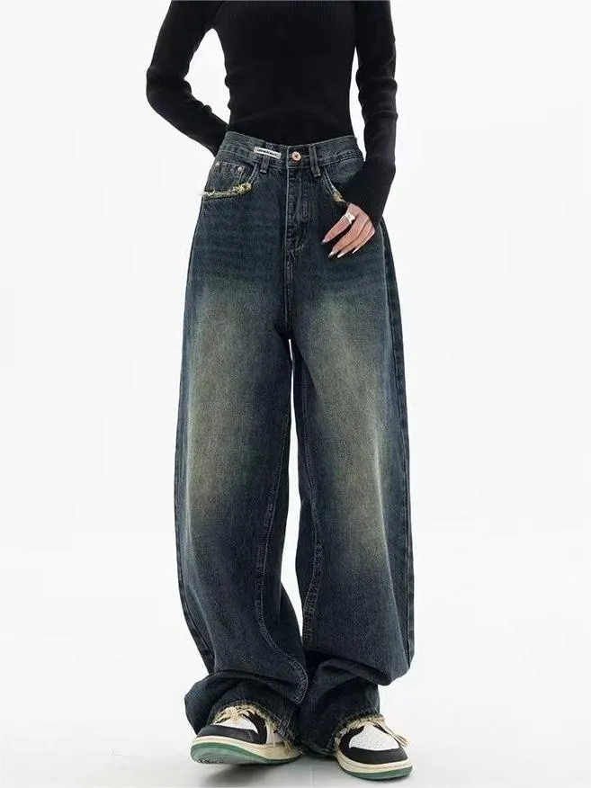 Wenkouban Dark Washed Vintage Baggy Boyfriend Jeans