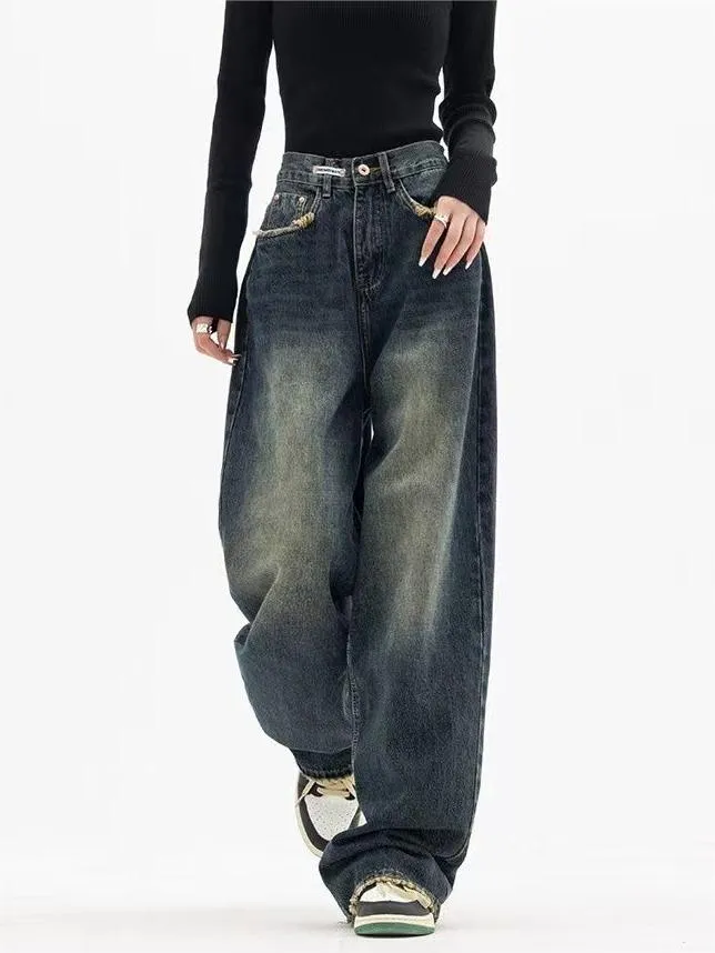 Wenkouban Dark Washed Vintage Baggy Boyfriend Jeans