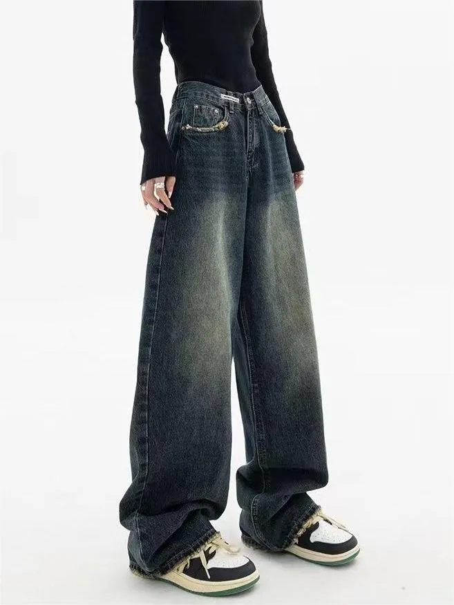 Wenkouban Dark Washed Vintage Baggy Boyfriend Jeans