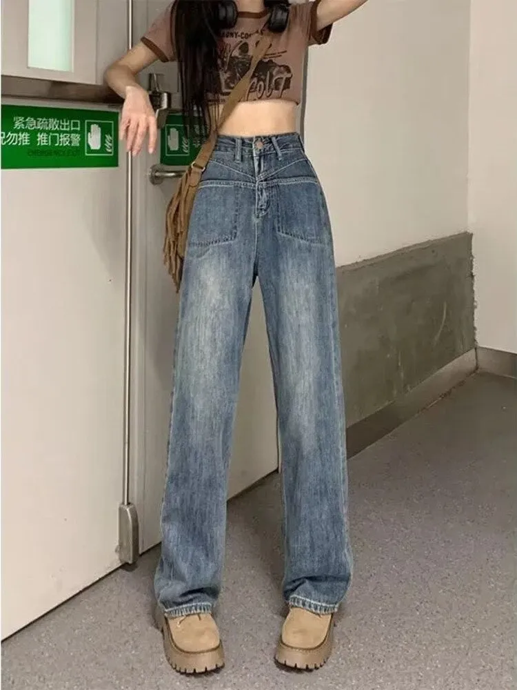 Wenkouban Retro Blue Distressed Korean Version High-waisted High-straight Design Loose Jeans