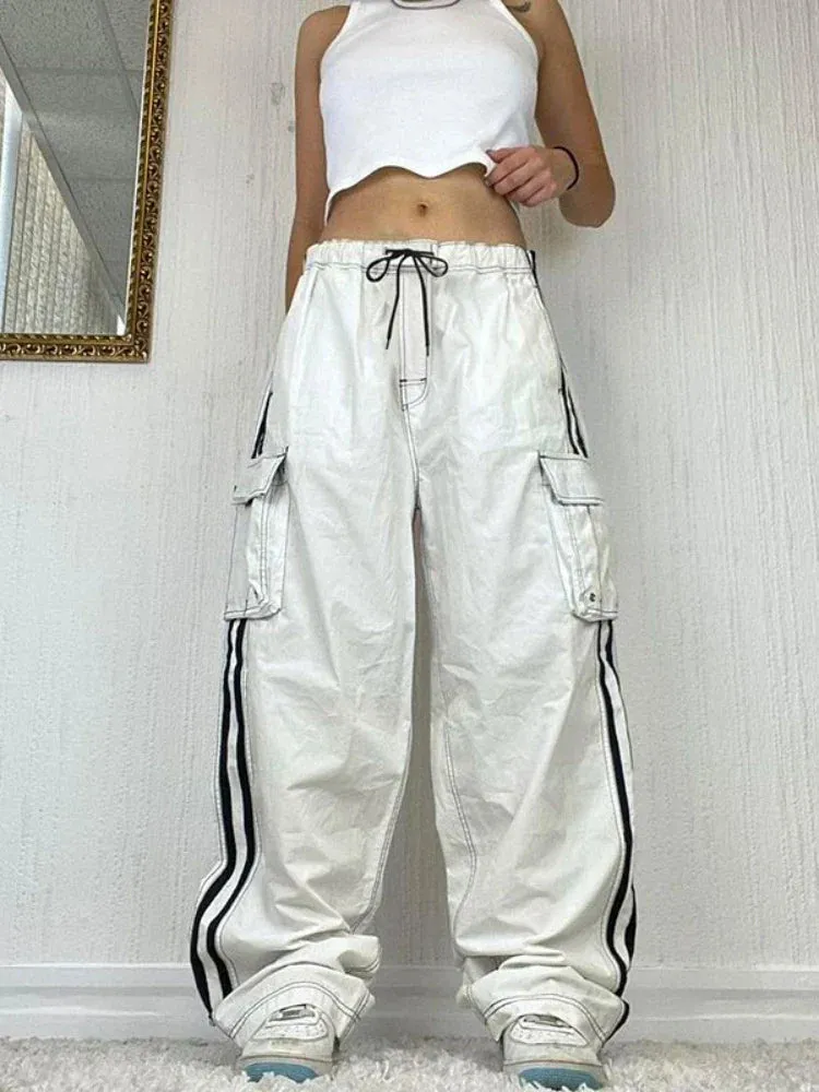 White Cargo Track Pants Women Wide Leg Oversized Streetwear Y2k Retro Pants