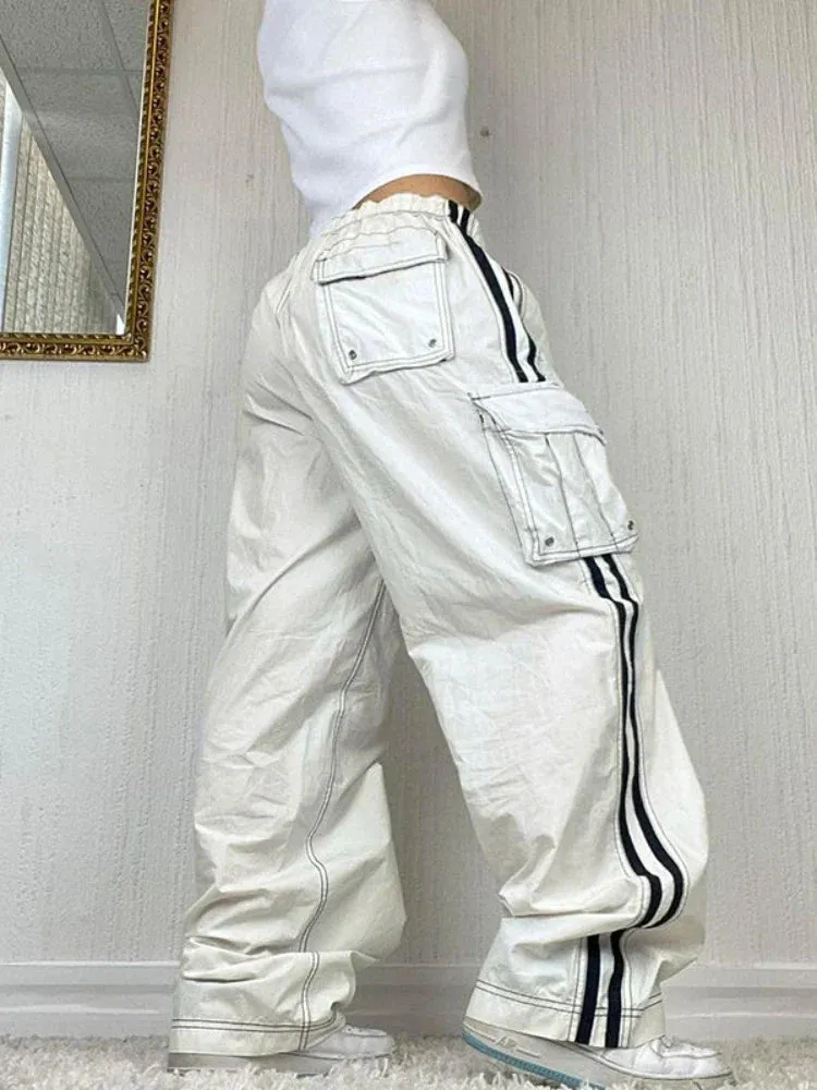 White Cargo Track Pants Women Wide Leg Oversized Streetwear Y2k Retro Pants