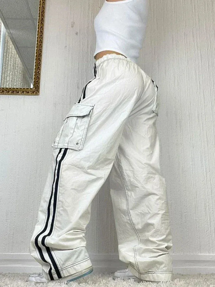 White Cargo Track Pants Women Wide Leg Oversized Streetwear Y2k Retro Pants