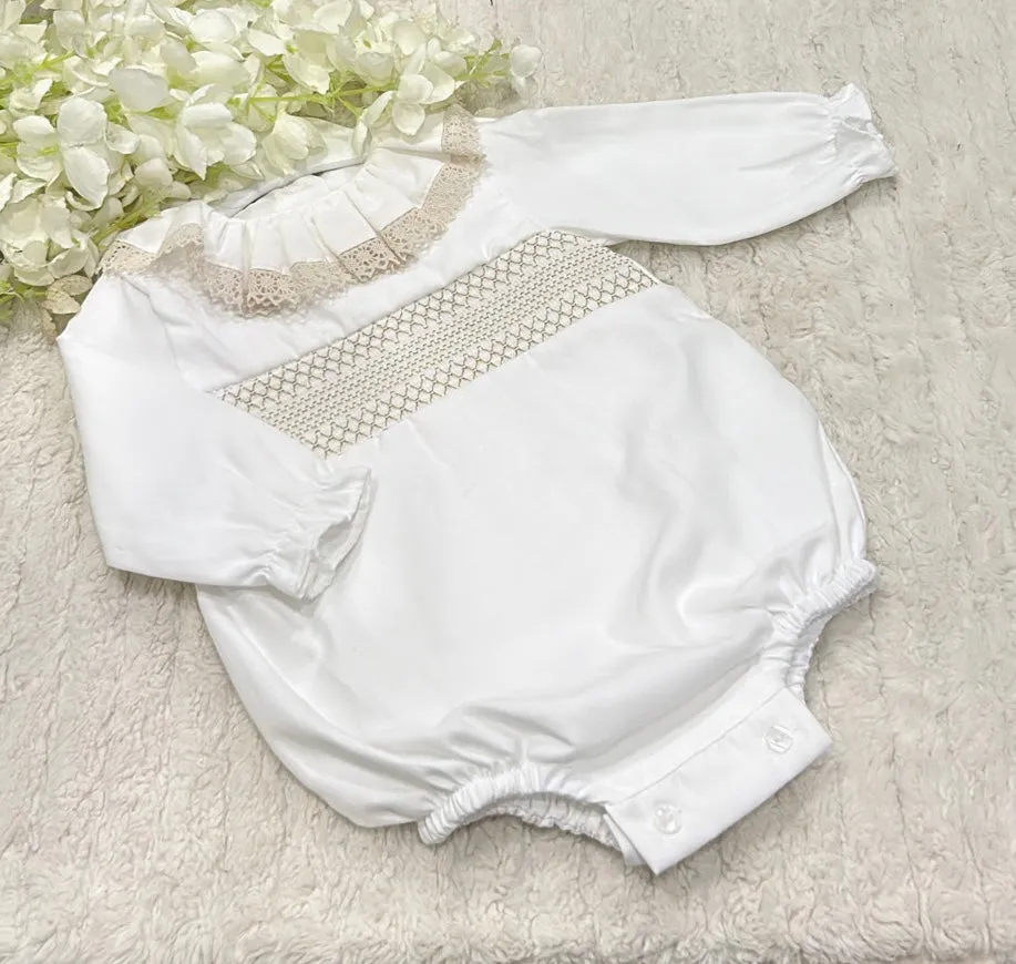 White frill long sleeved romper