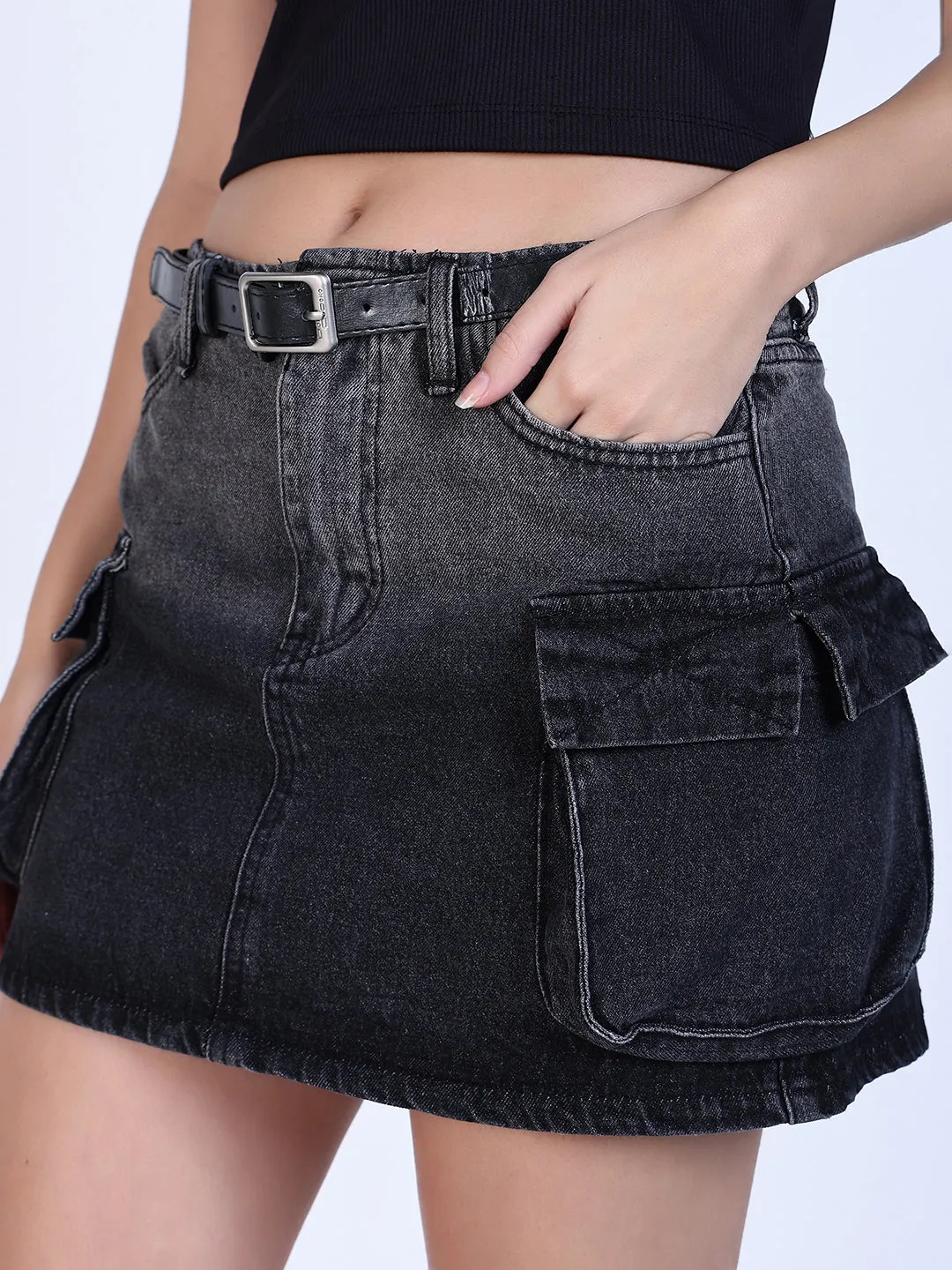 Women Black Solid Denim Skirt with Belt