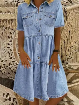 Women Button Down Loose Short Sleeve Denim Jean Dress