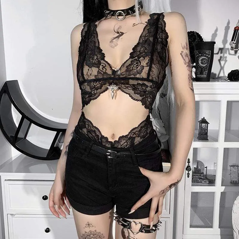 Women's Punk Plunging Lace Sheer Romper