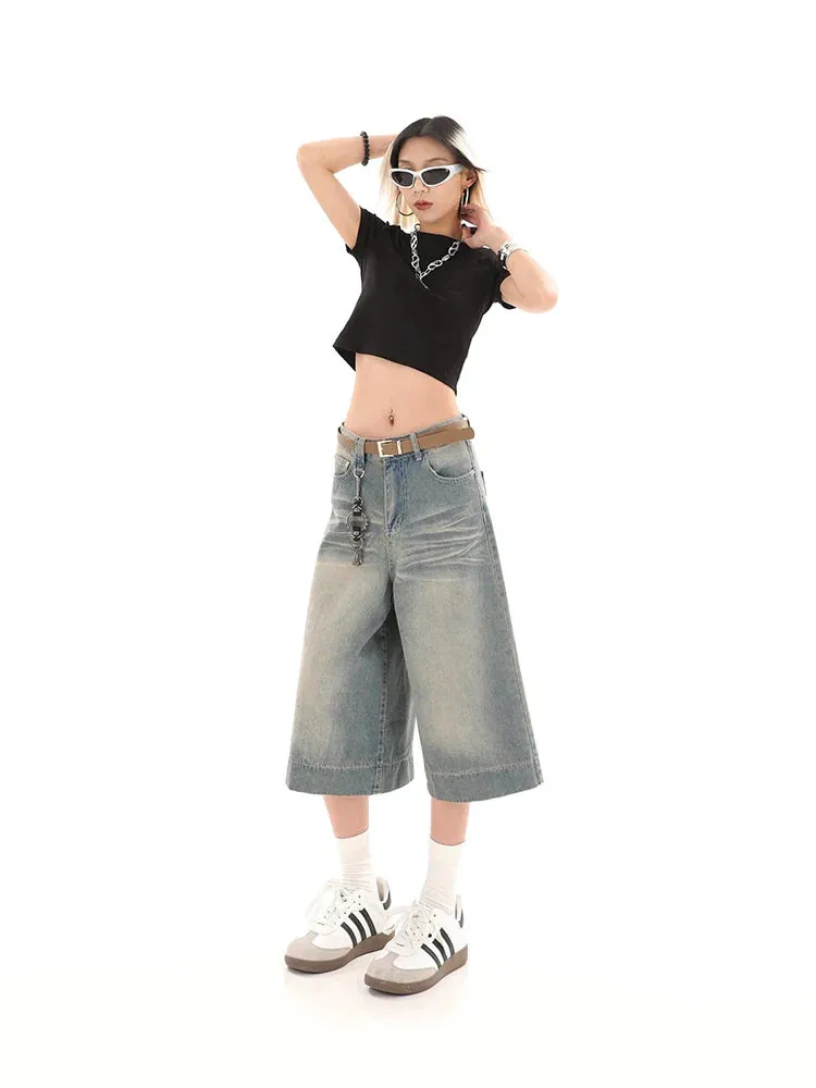 Y2K Retro Streetwear Baggy Wide Leg Cropped Denim Jeans