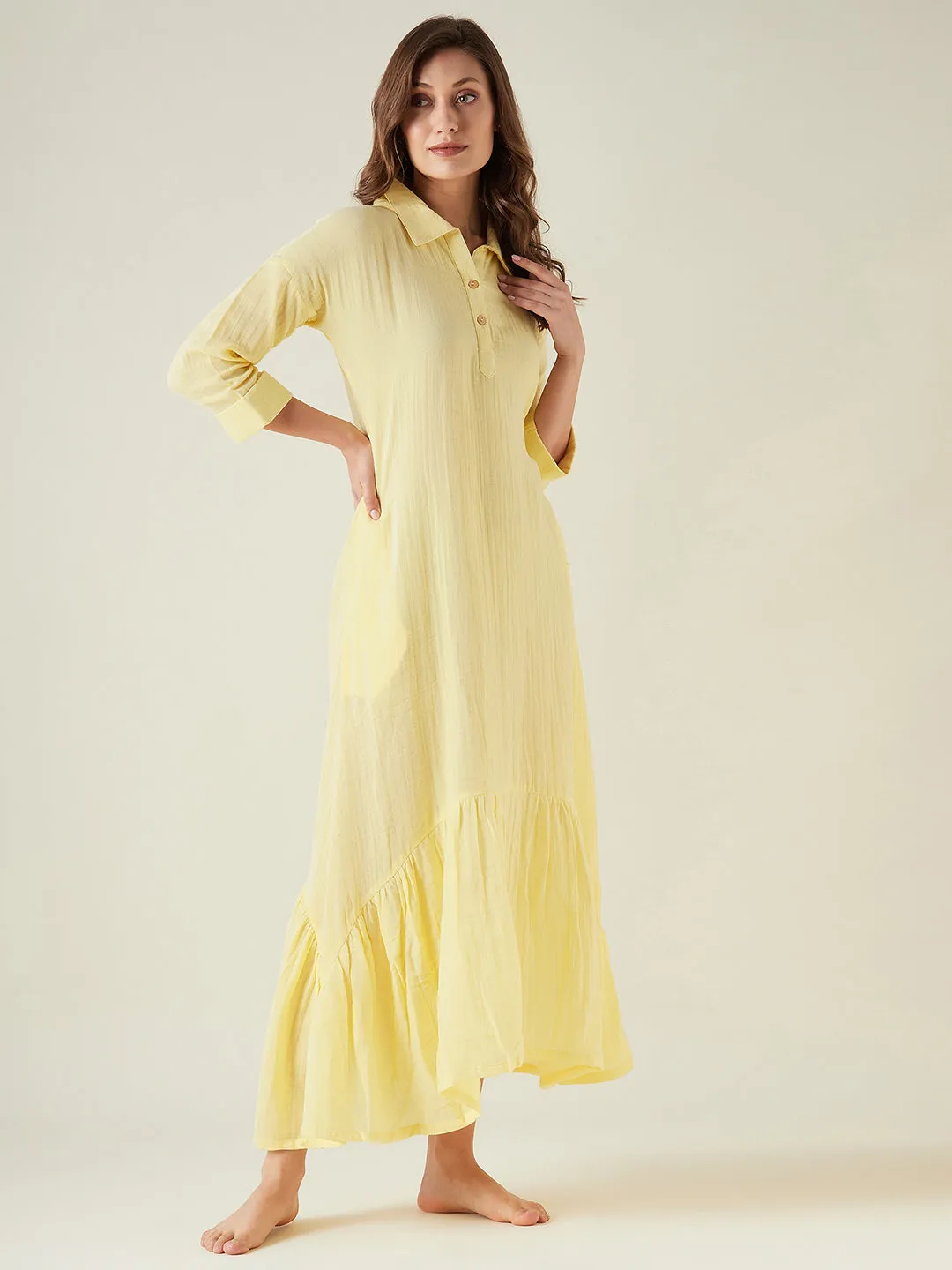 Yellow cotton shirt style lounge dress